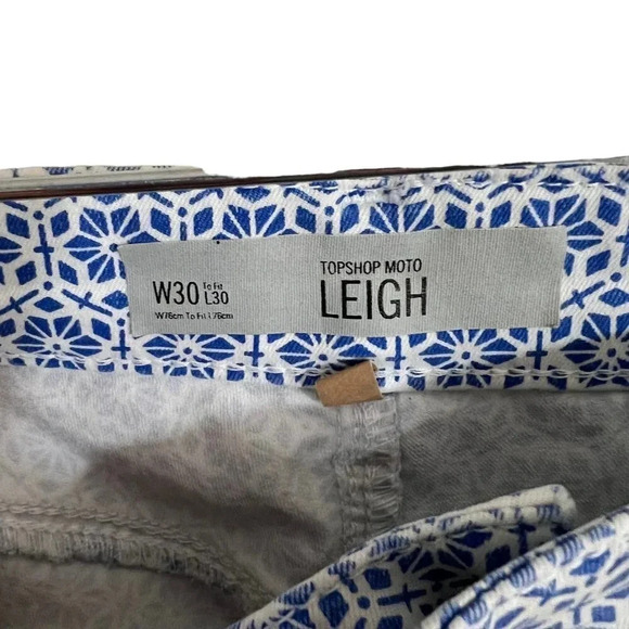 TopShop Moto Leigh Pants W30 Blue and White Geometric Pattern Skinny Leg Pants - Picture 7 of 7